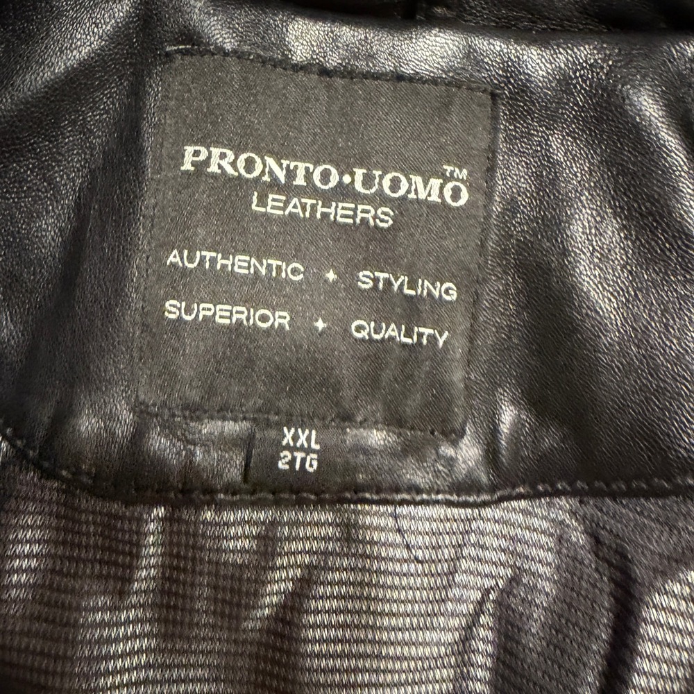 Pronto‎ Uomo Mens XXL Black Leather Jacket Mid Length Overcoat Collar Pockets - Picture 2 of 12